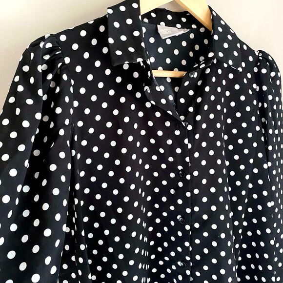 ASOS Maternity Long Sleeve Black + White Spotted Shirt Dress w/ Trumpet Sleeves - Picture 3 of 10